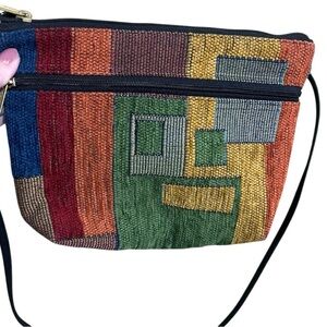 Vintage 90s Corduroy Multicolor Patchwork Adjustable Strap Small Purse